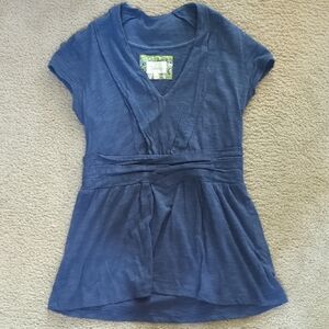 Deletta Dark Blue V-Neck Babydoll Peplum Short Sleeve Top